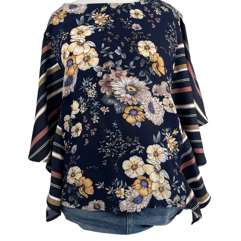 Umgee USA Floral Stripe Mixed Media Tie Back Kimono Sleeve Blouse Navy Blue M